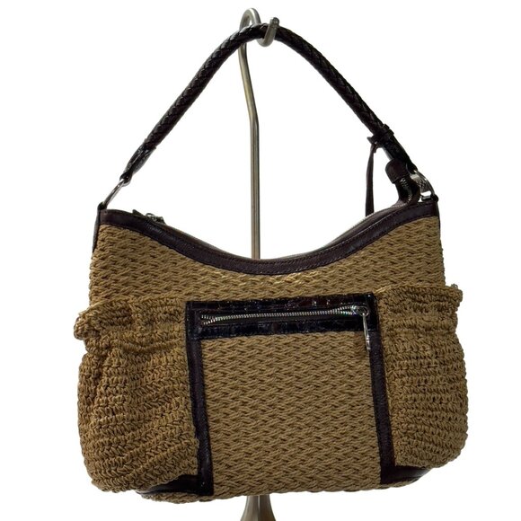 BRIGHTON Women's Woven Jute/Leather Hobo Bag Braided Leather Handle Zip Closure - Picture 2 of 11
